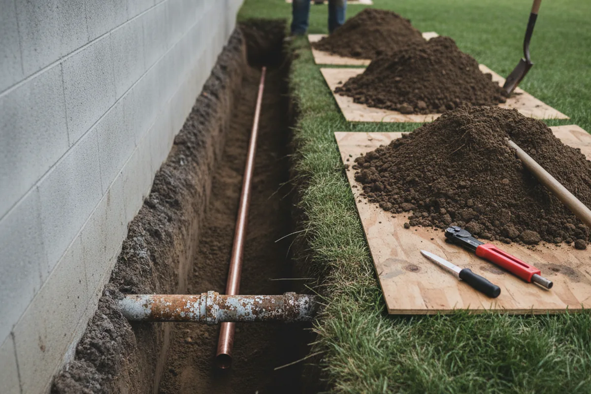 Excavated water line trench during Water Heater Repair in Rosedale